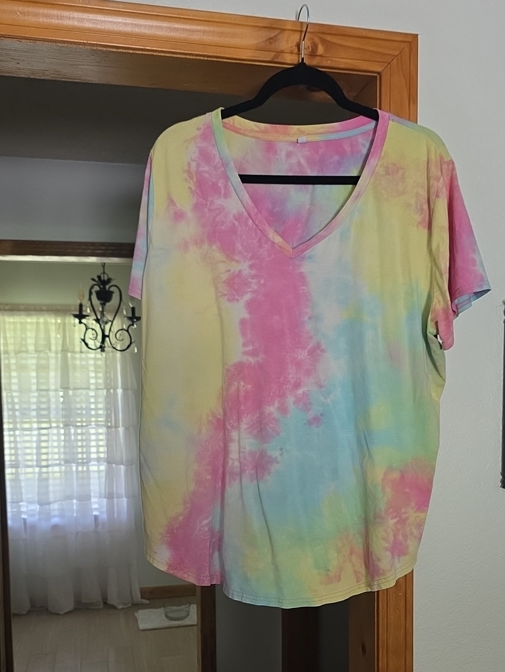 Amazon Essentials Women's Pastel Tie-Dye V-Neck Tee - Pink, Yellow, Blue